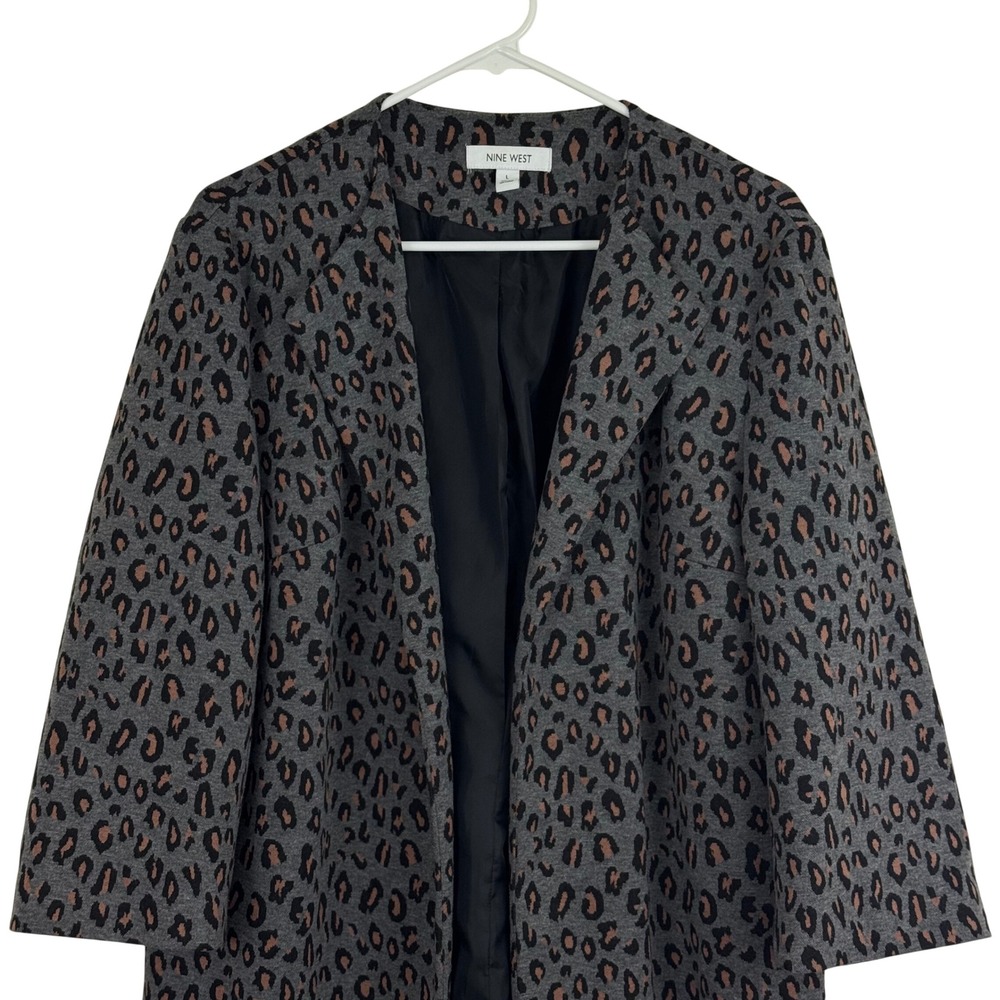 Nine West Gray Leopard Print Open Front Coatigan Cardigan Jacket Chic - Picture 2 of 9